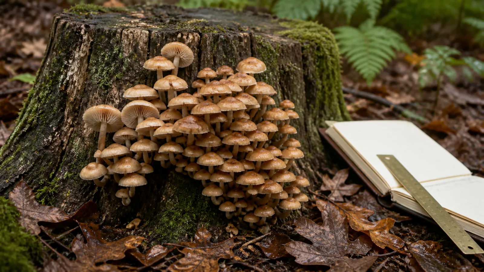 Clustered mushrooms documented on a decaying hardwood stump