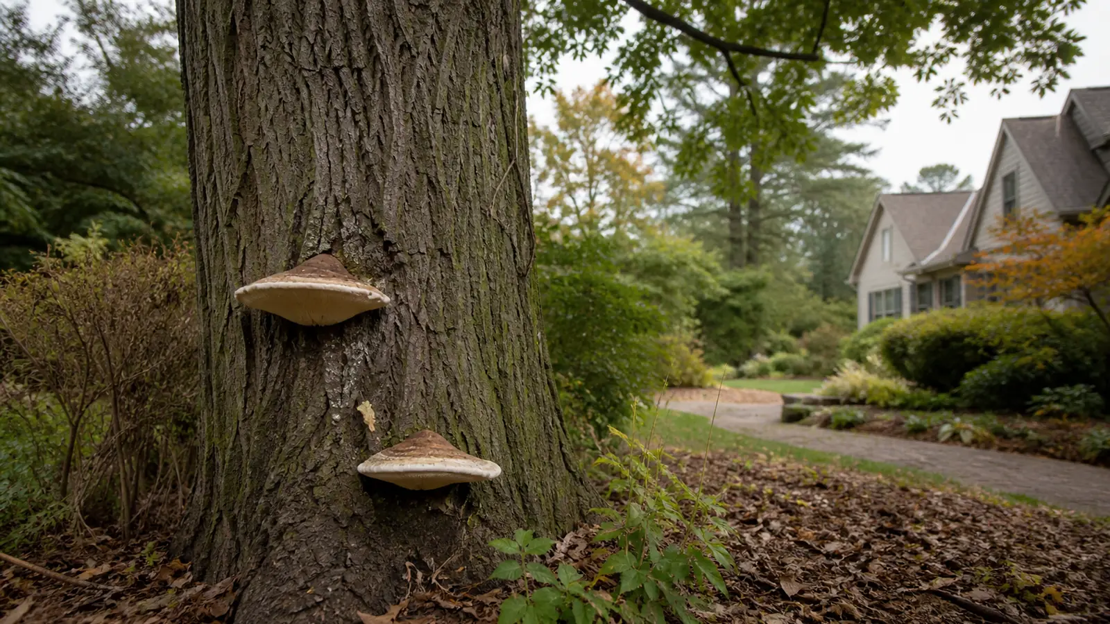 Shelf fungi projecting from the trunk of a mature living tree in a residential landscape
