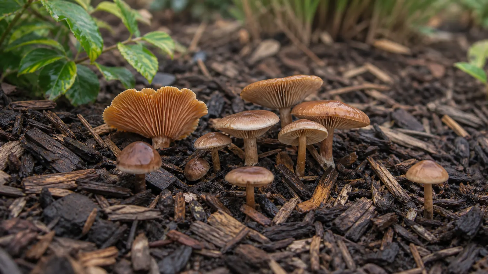 Several unknown mushrooms fruiting naturally through rain-darkened arborist wood chips