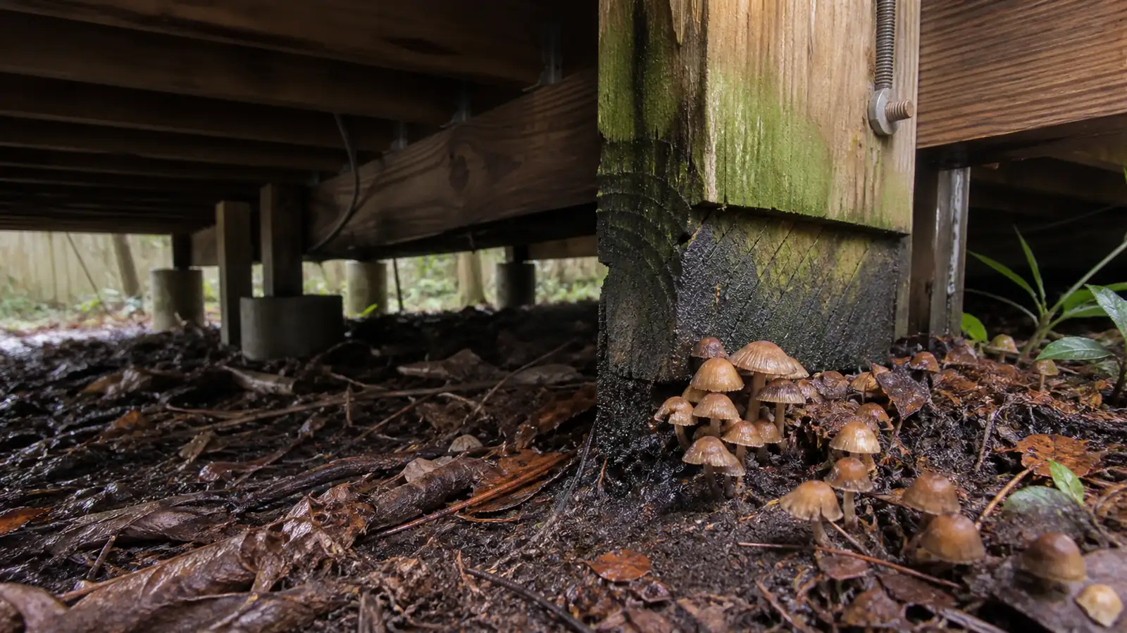 Small mushrooms beneath a damp wooden deck near leaf debris and joists
