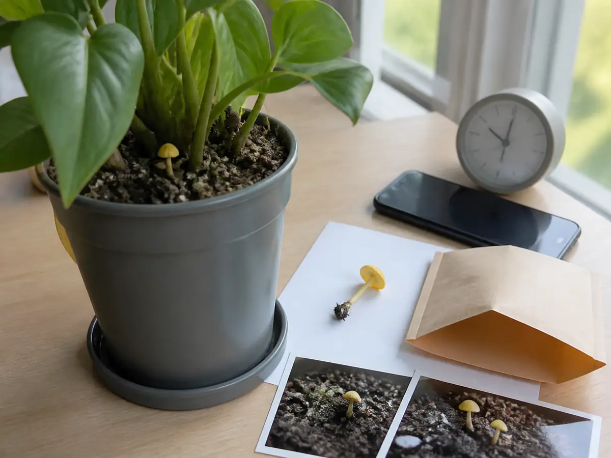 Potted plant, matching mushroom specimen, paper packet, photographs, time record, and phone preserved after a possible ingestion
