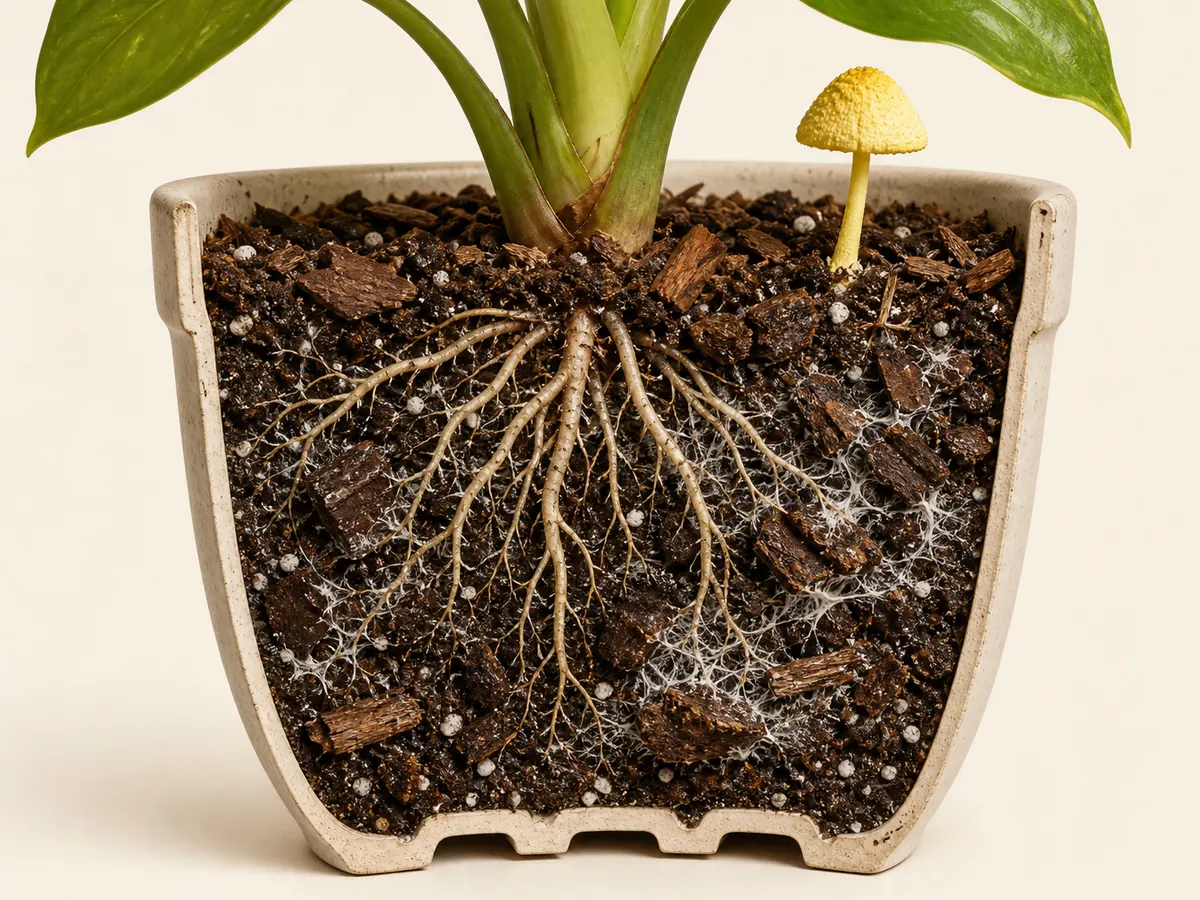 Cutaway of a houseplant pot with living roots, organic mix, fine fungal mycelium, and a yellow mushroom at the surface