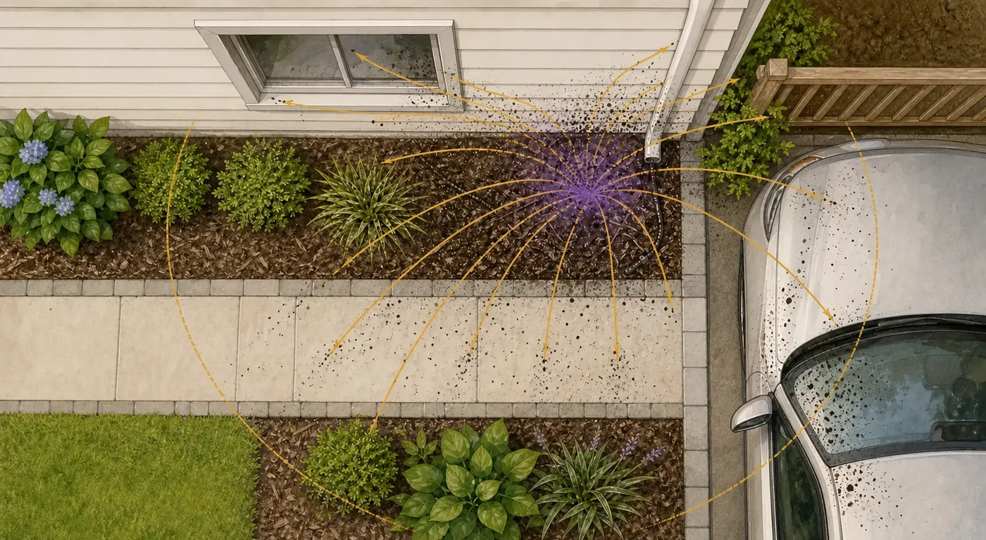 Top-down house-edge diagram tracing scattered black dots on siding and a parked car back to one damp mulch bed within the launch zone