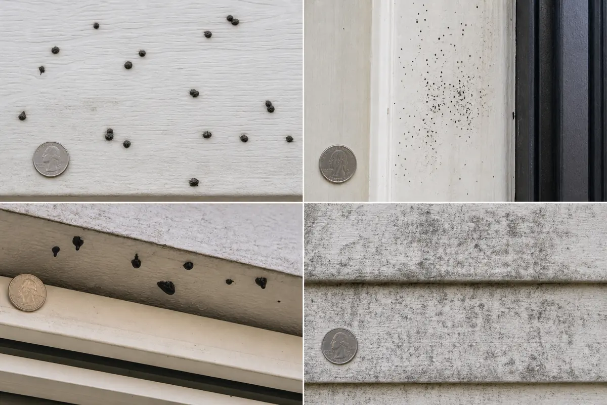 Artillery fungus packets on siding compared with fly specks, roofing tar droplets, and a spreading mildew film