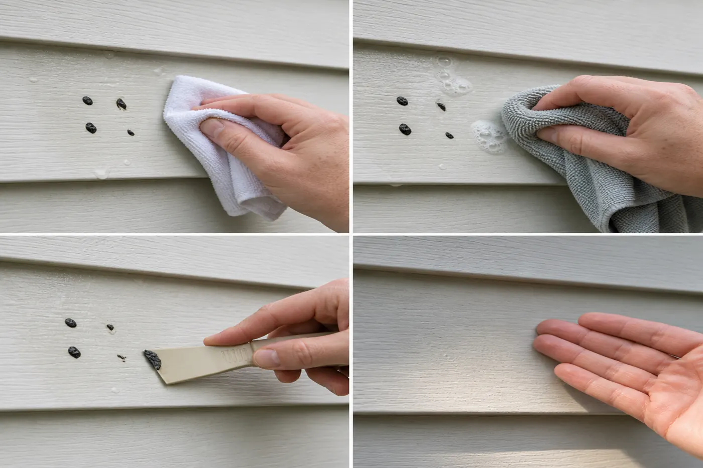 Four-panel cleaning sequence showing a wet test patch, mild soap, a soft plastic scraper, and a finish check on light house siding