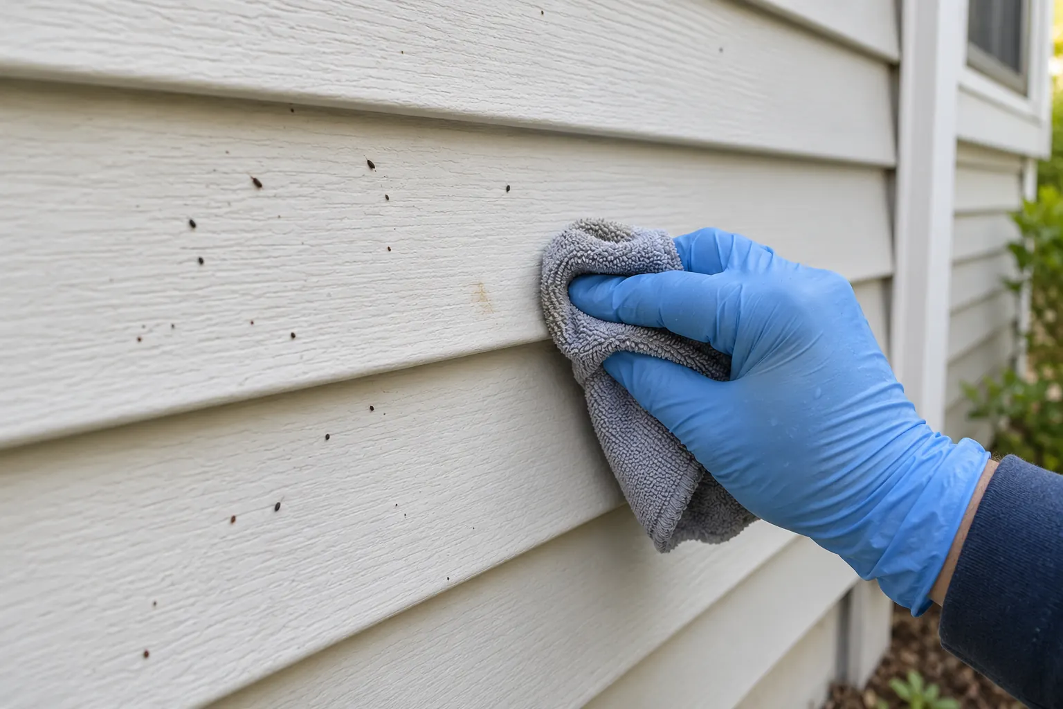 Soft cloth washing a small light vinyl siding test patch with a brown mark still visible nearby