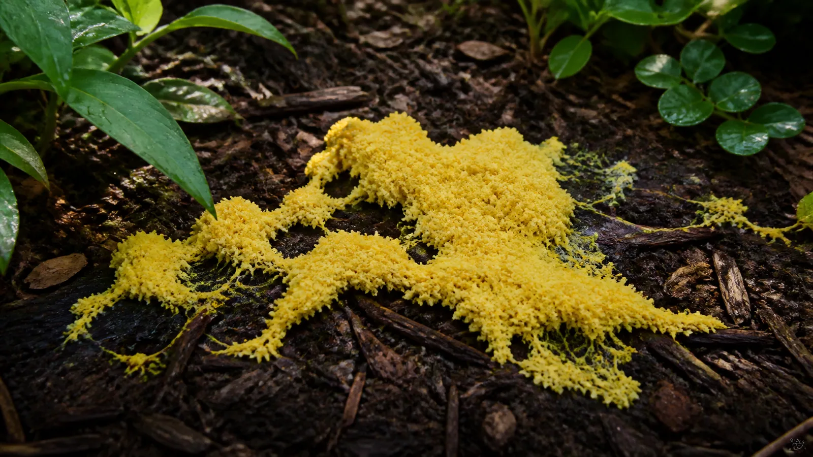 Fresh yellow dog vomit slime mold spreading across damp dark wood mulch