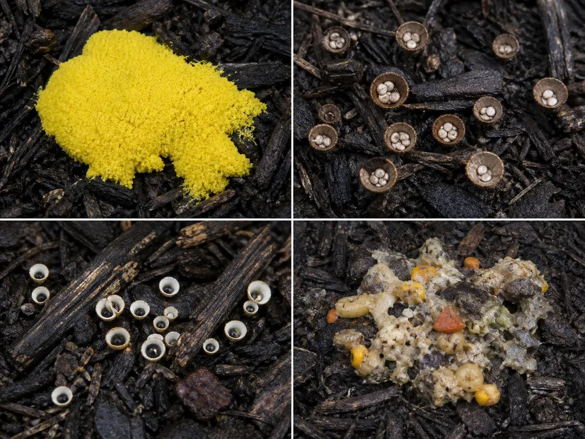 Four-panel comparison of yellow slime mold, bird's nest fungus cups, artillery fungus, and animal vomit on mulch