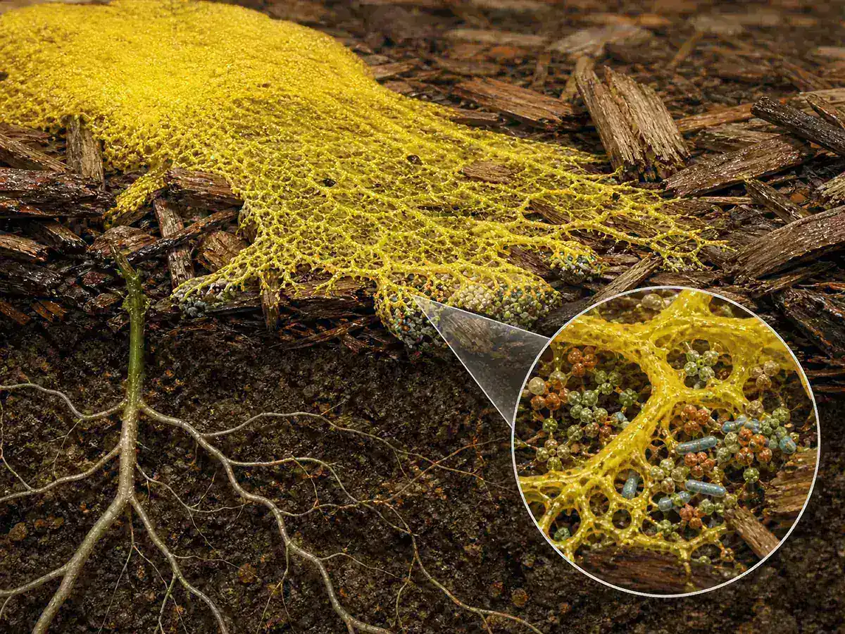 Educational cutaway of a yellow slime mold plasmodium flowing over damp wood chips while engulfing microbes