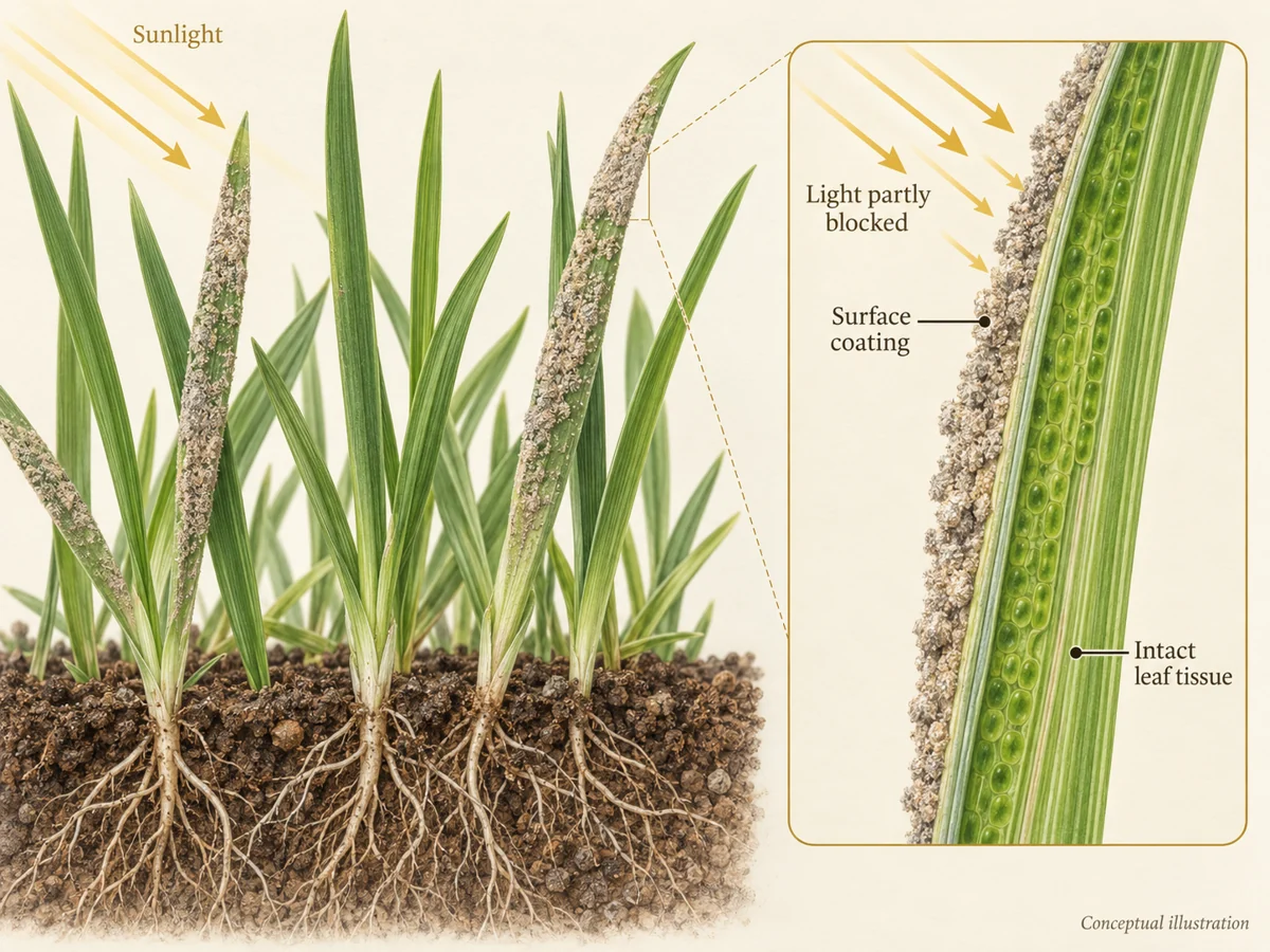 Conceptual grass illustration showing an outer powdery coating partly blocking light while leaf tissue remains intact