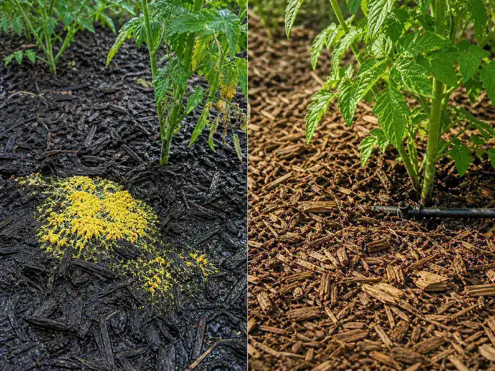 Garden bed showing a wet compacted slime mold patch beside runoff and a raked thinner mulch surface that dries faster