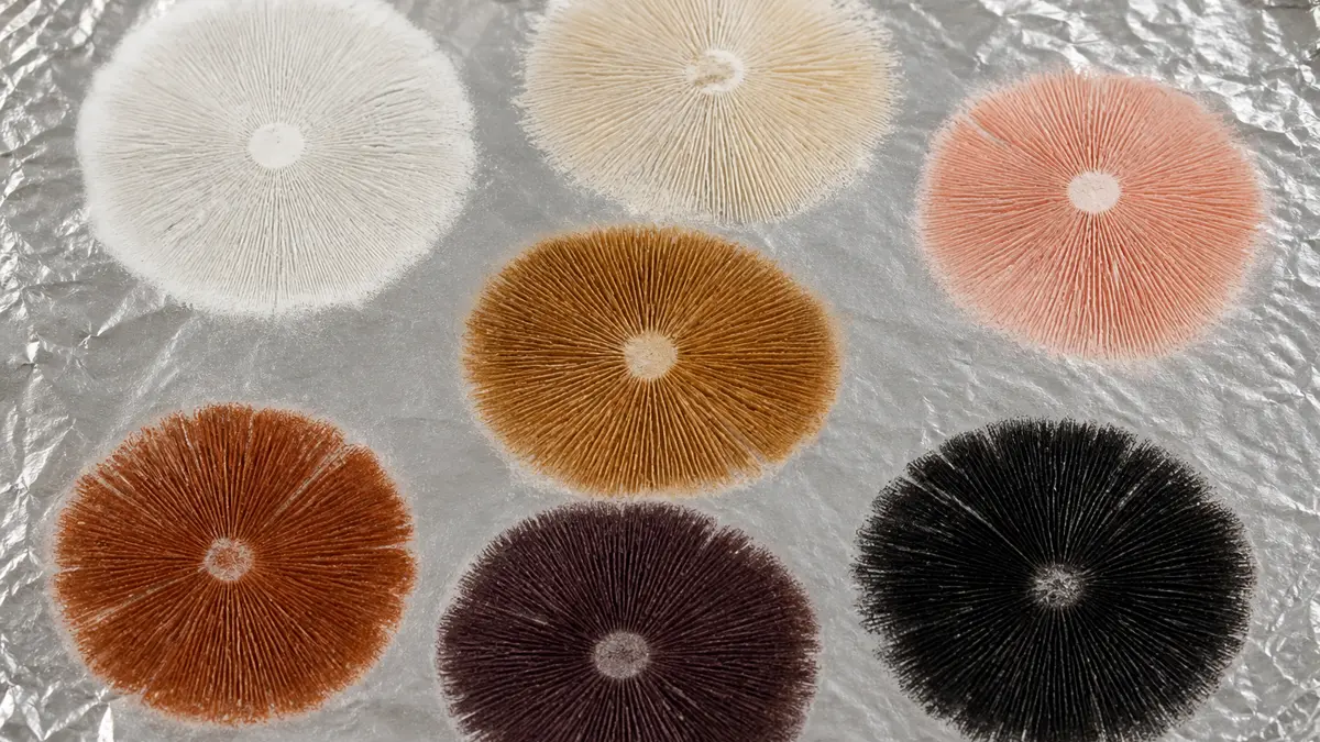 Seven practical mushroom spore print color families arranged on neutral foil