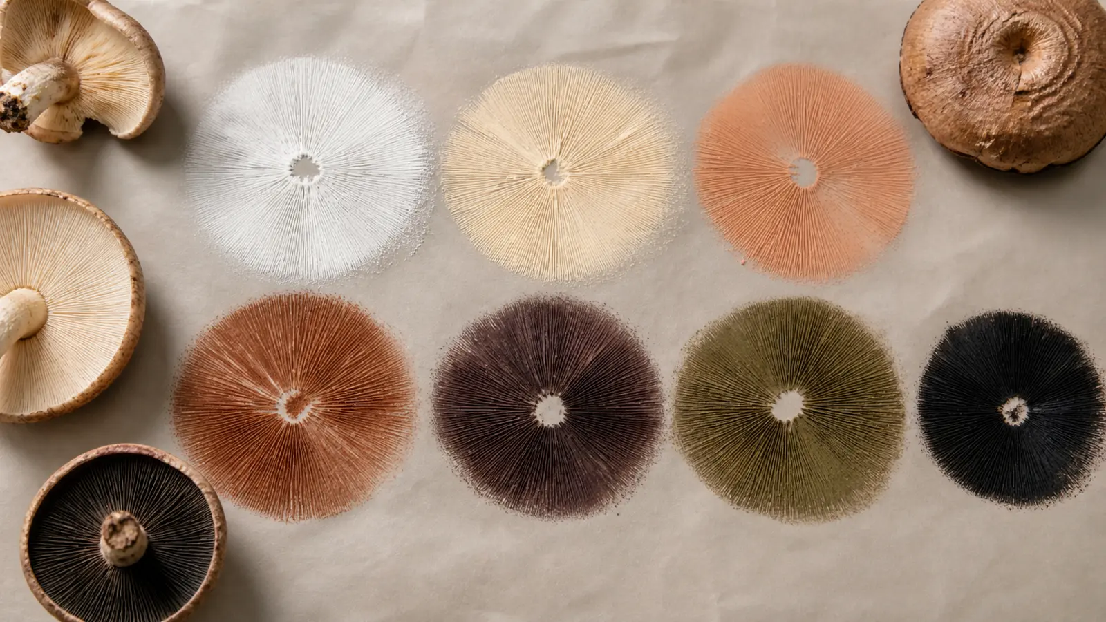Seven mushroom spore print color families arranged on foil under neutral light