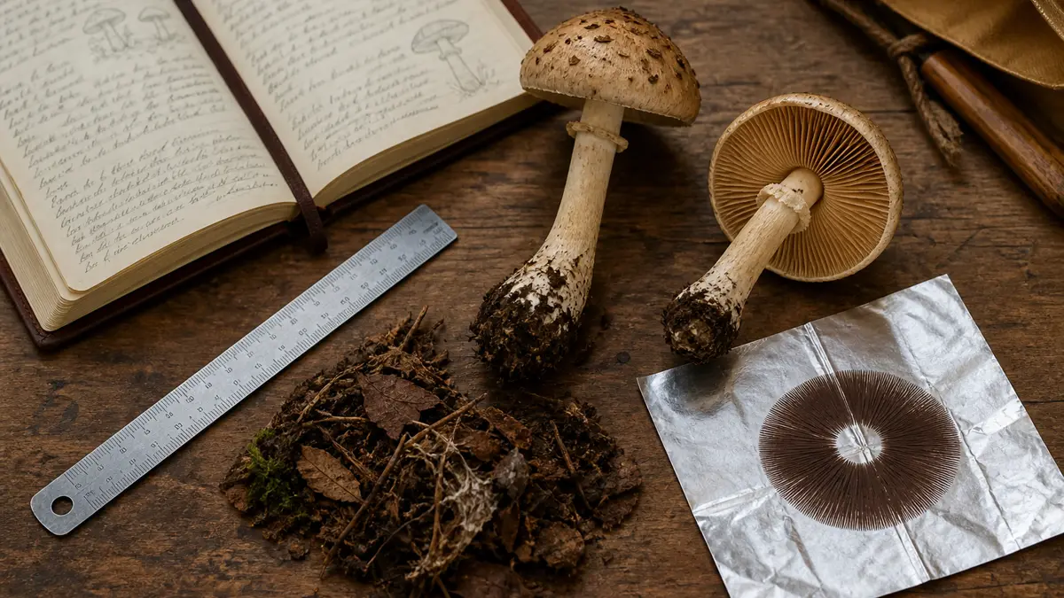 Whole mushroom specimen, complete stem base, ruler, substrate note, and spore print arranged as one record