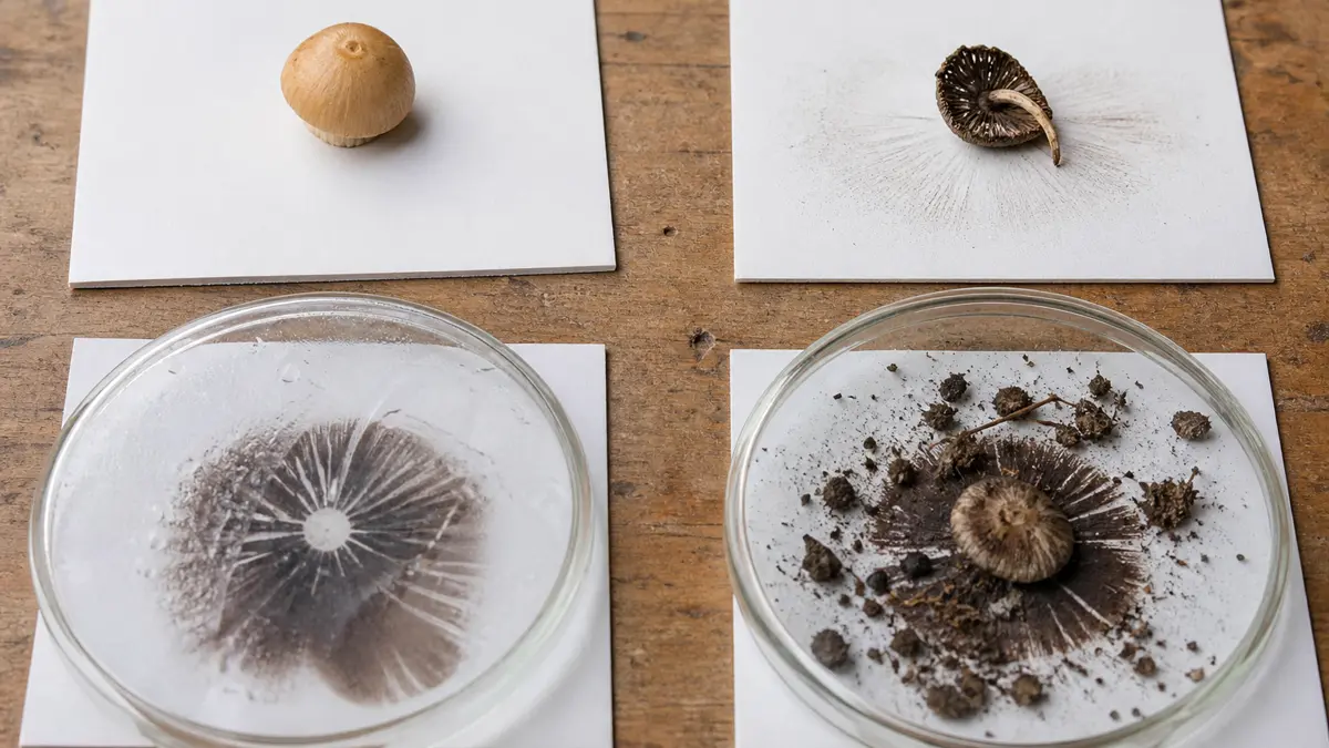 Immature, dried, condensation-smeared, and debris-contaminated spore print setups