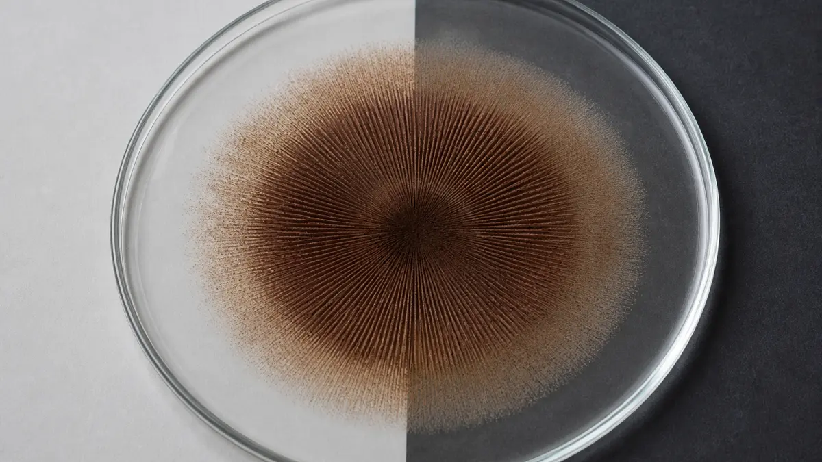 Thick and thin zones of one cinnamon-brown mushroom spore deposit across pale and dark backgrounds