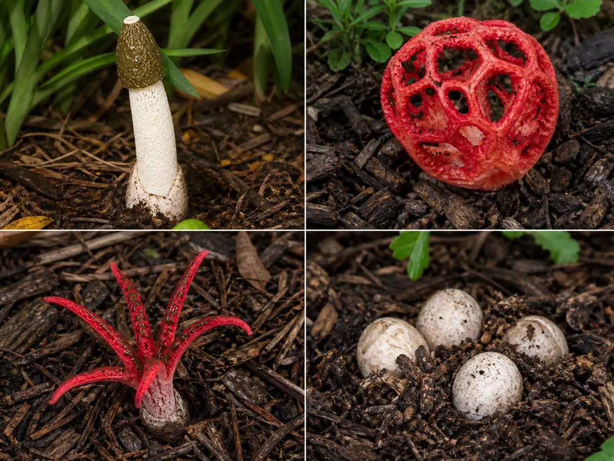 Four-panel comparison of stalk, lattice, star-armed, and veiled stinkhorn forms growing in mulch
