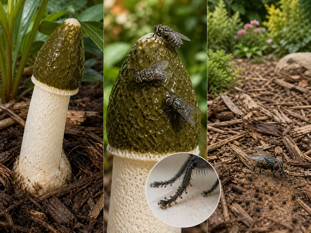Three-step close sequence of a fly landing on stinkhorn gleba, contacting the sticky surface, and departing with spores