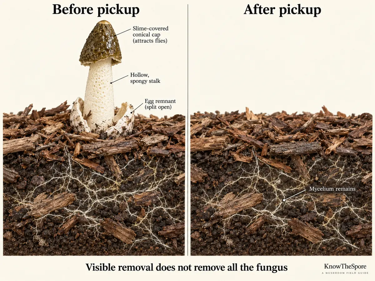 Matched mulch cutaways show a stinkhorn before pickup and the same dead wood and fungal strands remaining after its removal