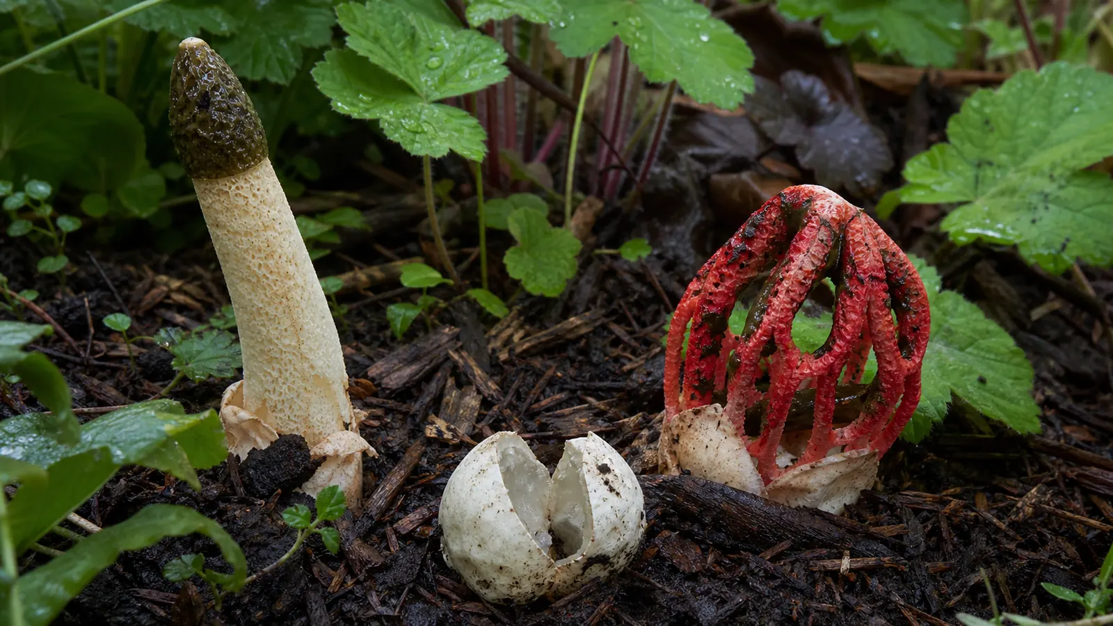 Mature stalk-form stinkhorn emerging from a split egg in garden mulch with flies on the dark gleba
