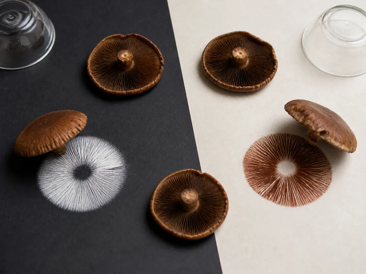 Mushroom caps printed separately on dark and pale surfaces with distinct white and rusty-brown deposits