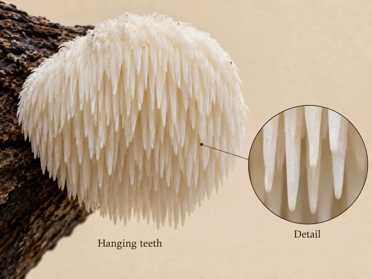 Downward white spines on an unbranched toothed fungus at its attachment to wood