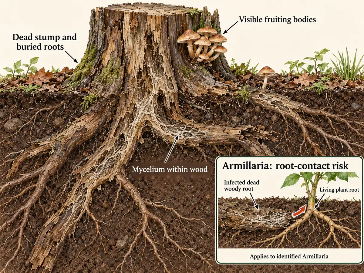 Cut stump and buried dead roots shown beneath surface mushrooms, with a separate infected-root contact inset