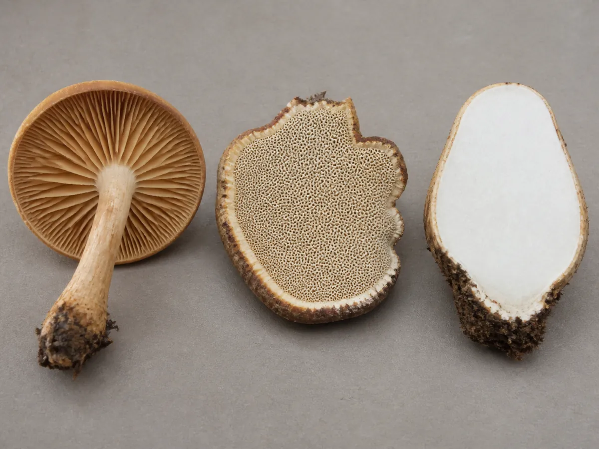 Gilled mushroom, pored bracket, and white-centered puffball shown as three separate stump fungus body forms