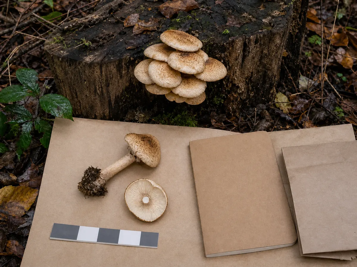 Stump mushroom cluster documented with a complete specimen, underside view, scale bar, notebook, and paper packet