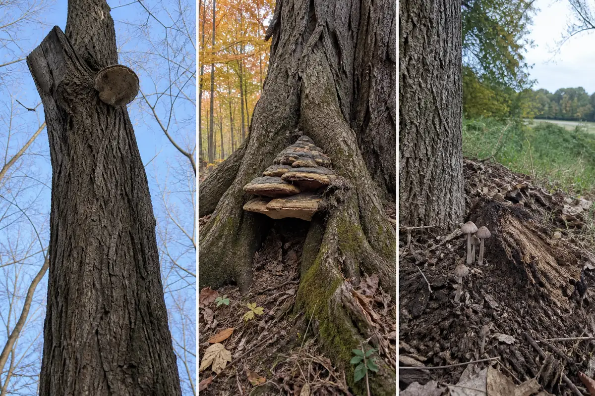 High trunk conk, root-flare bracket, and stemmed mushrooms beside buried dead wood