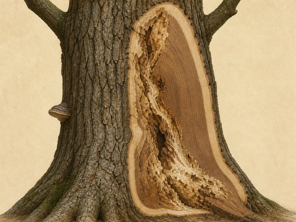 Cutaway of a mature trunk showing a bracket connected to an irregular internal decay zone