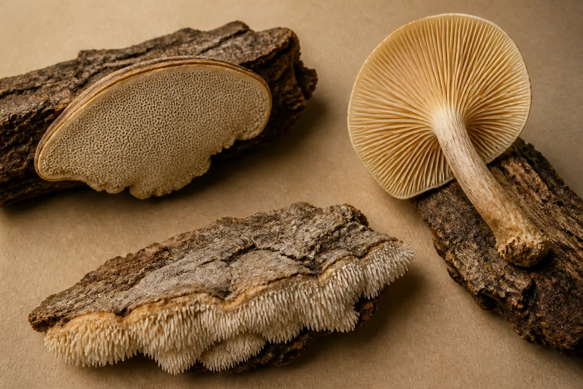 Pored bracket, gilled wood-growing mushroom, and toothed fungal surface shown from below