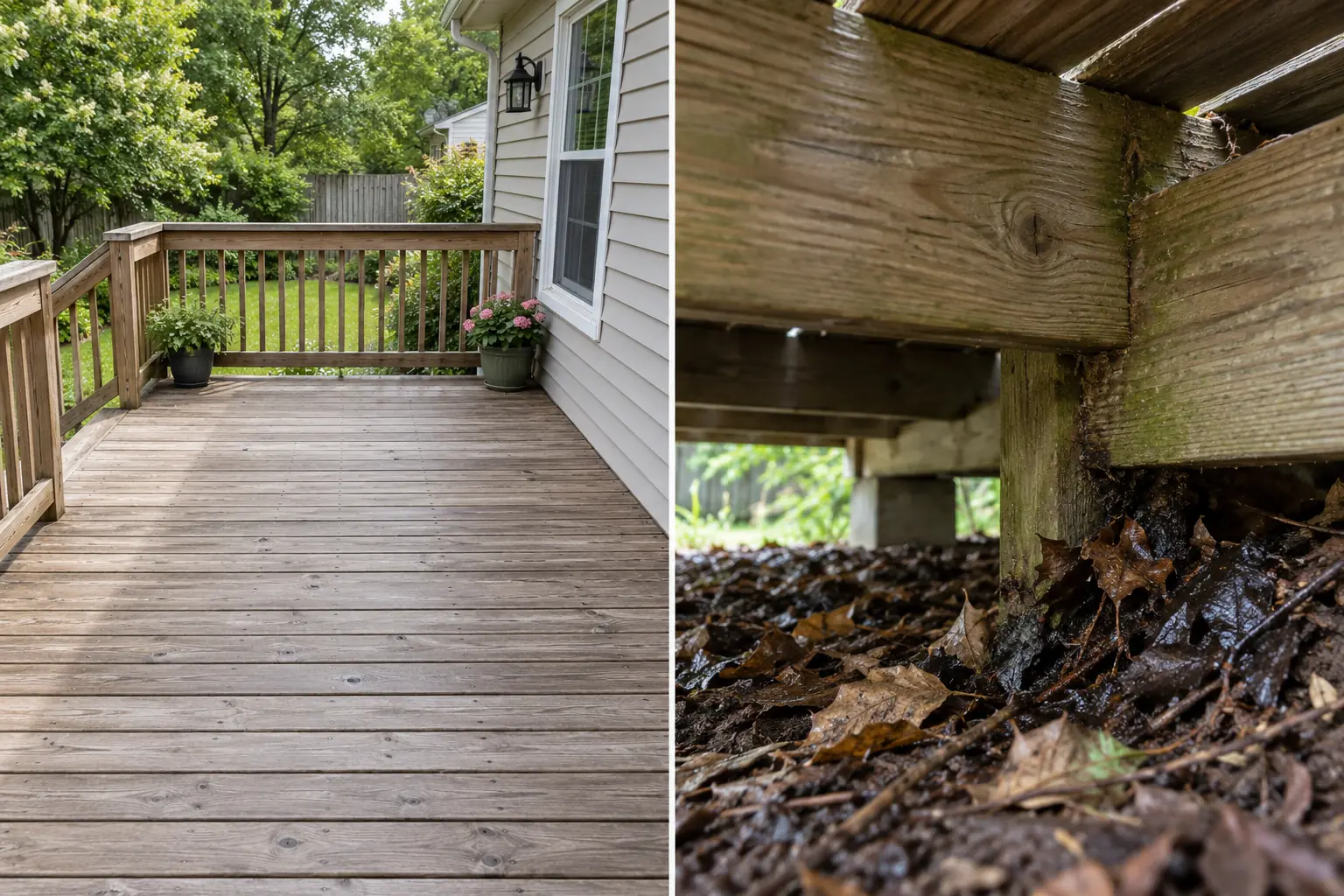 Paired illustrative views of dry upper deck boards and damp leaves beside shaded framing below