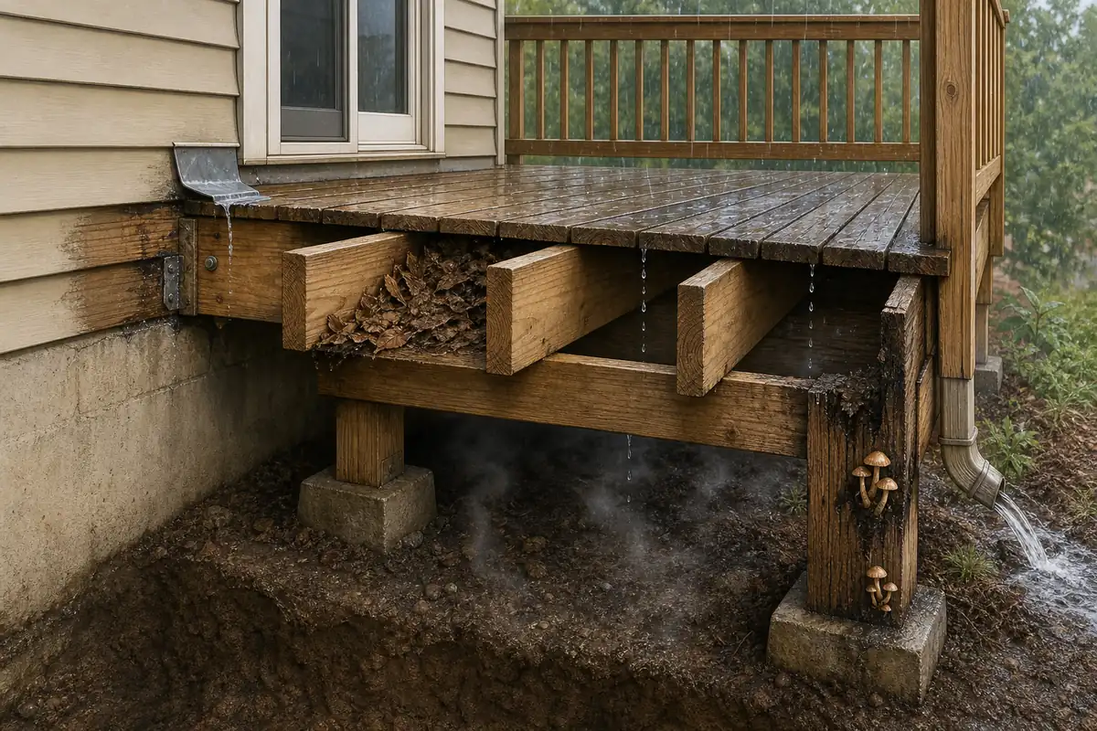 Deck cutaway showing rain through board gaps, ledger leakage, trapped leaf litter, damp soil vapor, and mushrooms beside a wet joist end