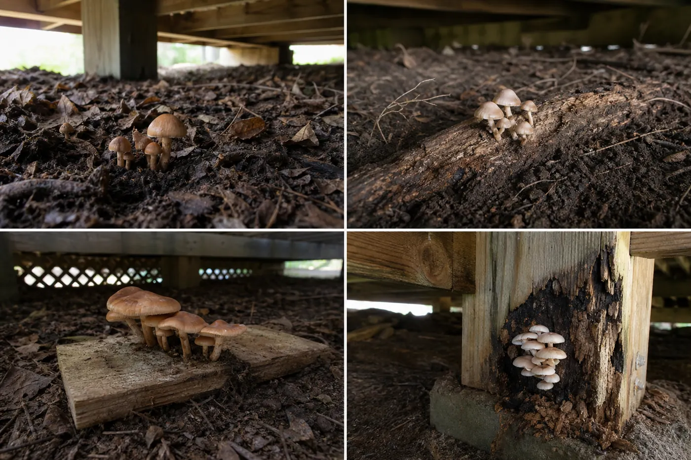 Four under-deck closeups comparing mushrooms attached to soil litter, buried wood, loose scrap lumber, and a softened structural member