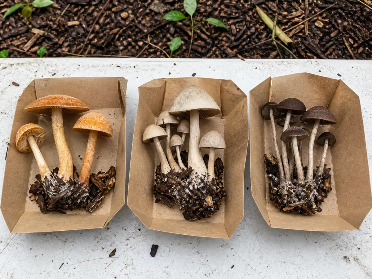 Different mushrooms from one wood-chip bed kept whole in separate paper packets with their substrate fragments