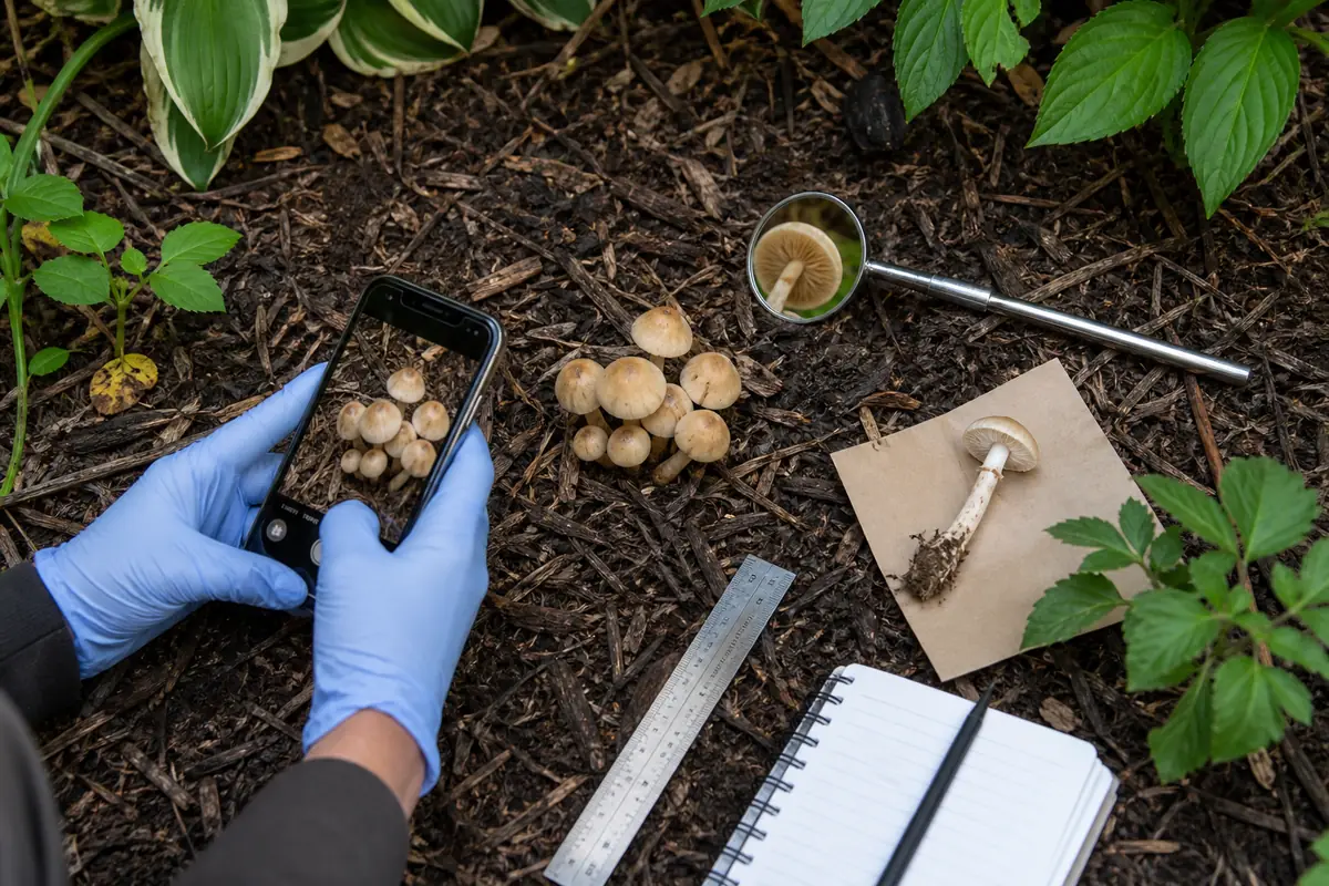 Hands documenting an undisturbed mushroom patch, underside, scale, and complete stem base in a mulched bed