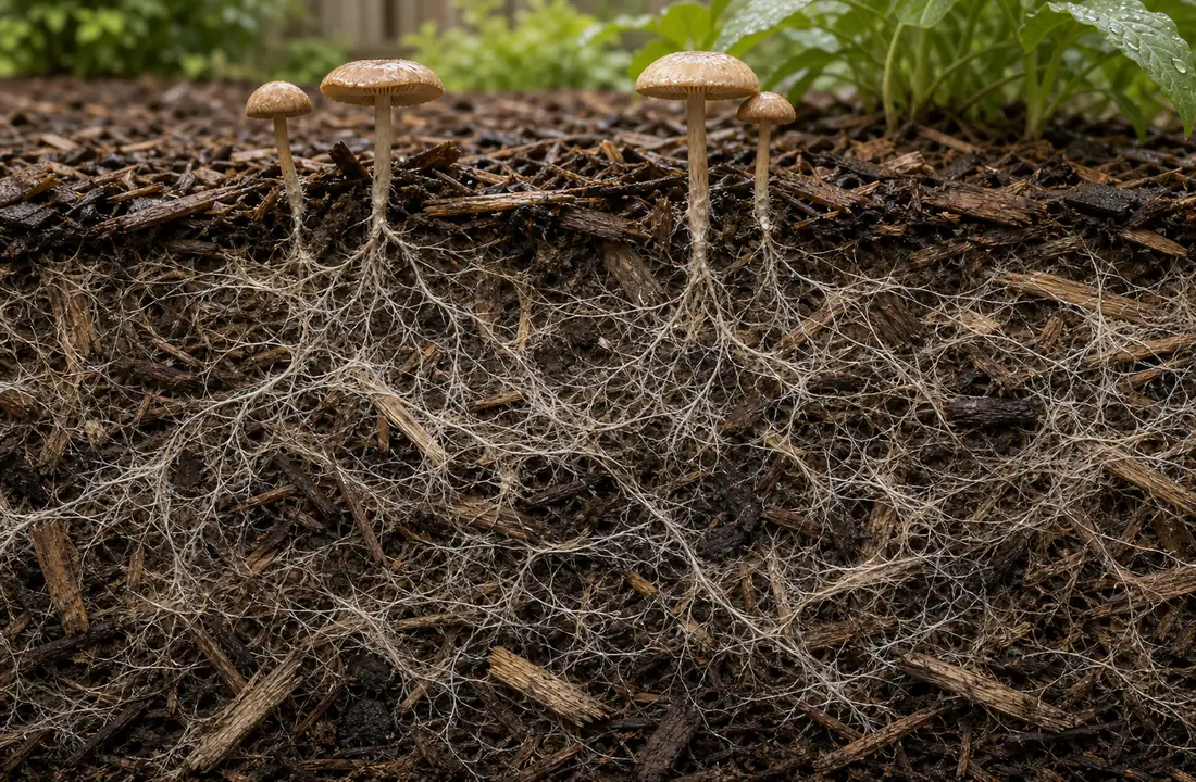 Mushroom fruiting bodies above a cross-section of white mycelium distributed through a wood-chip bed
