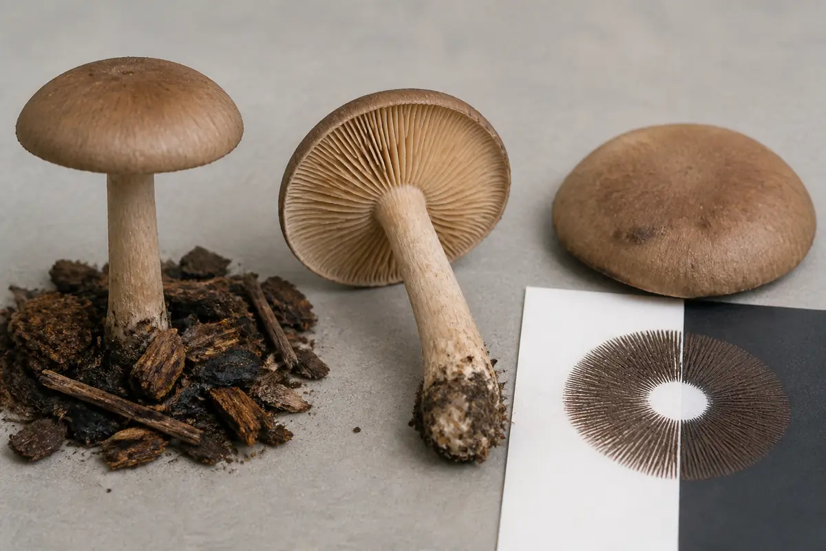 Intact gilled mushroom specimens arranged to show the cap, underside, ring zone, full stem base, and spore deposit