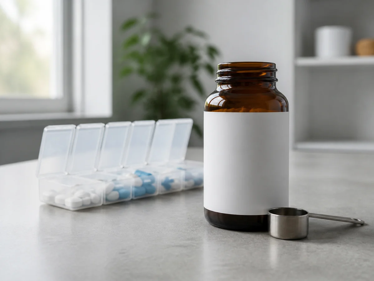 Weekly pill organizer with tablets set behind an unbranded supplement jar and scoop on a table
