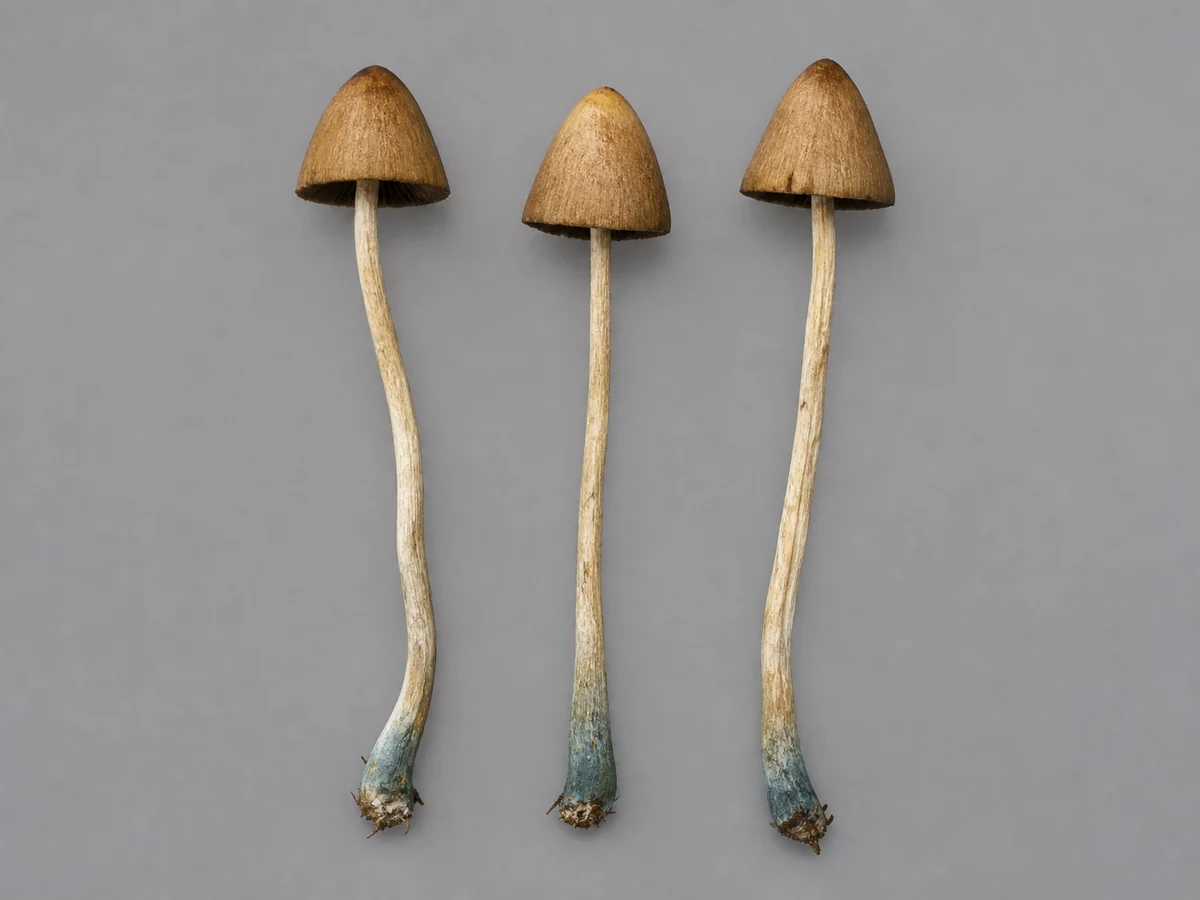 Slender bell-capped Psilocybe mushrooms whole on a plain neutral background