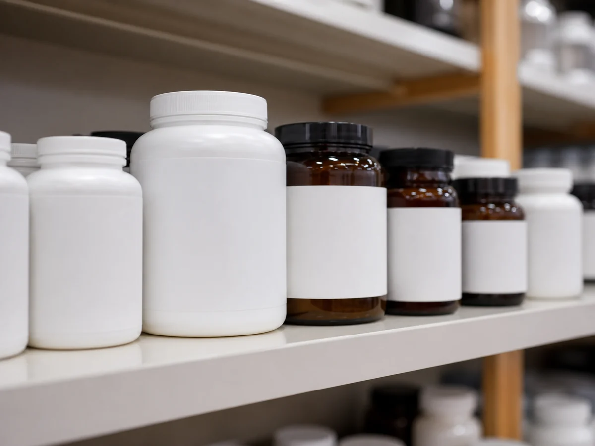 Row of unbranded supplement jars with blank labels on a retail shelf