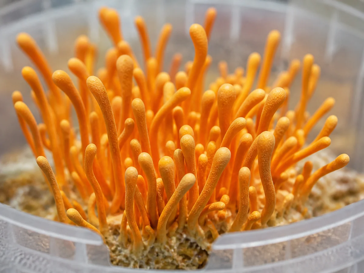 Dense cluster of bright orange cordyceps militaris fruiting bodies with slender upright stalks growing from a pale substrate in a culture container