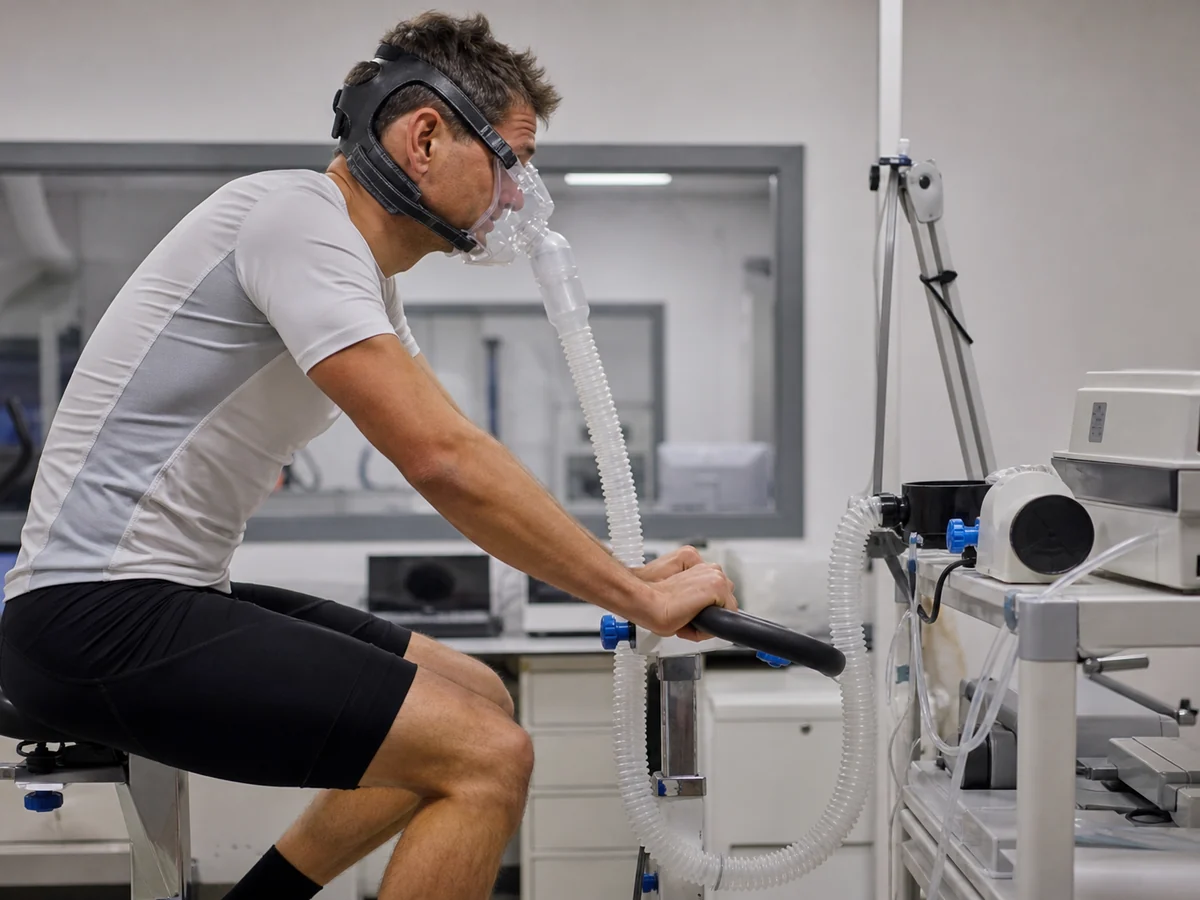 Person on a stationary exercise bike in a laboratory wearing a clear breathing mask connected by a hose to a metabolic measurement cart