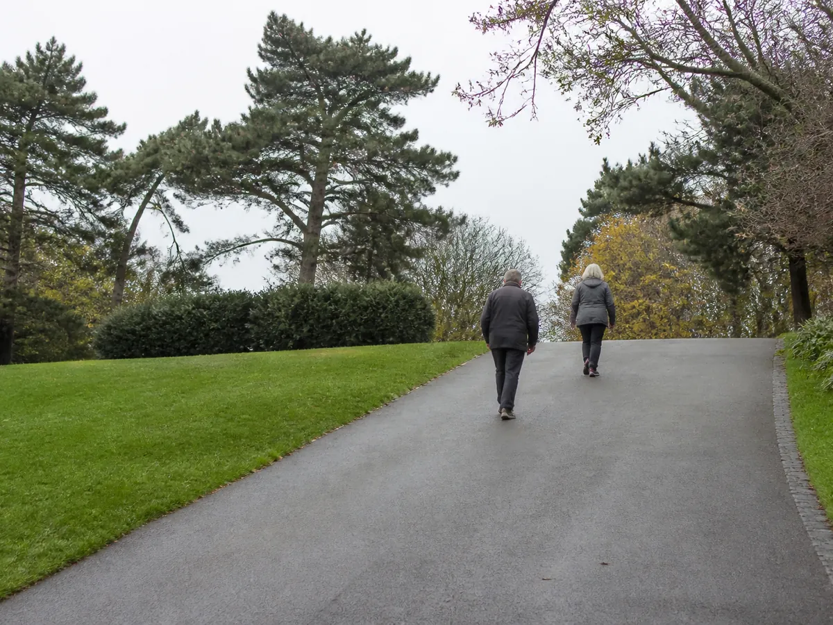 Two people in their sixties walking briskly up a gentle paved hill in a park on an overcast day, seen from behind at a distance