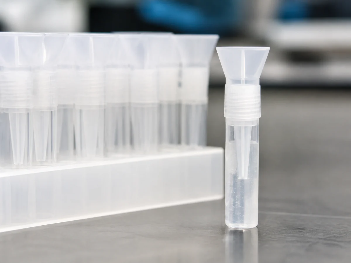 Small clear plastic saliva collection tube standing upright on a laboratory bench beside a rack of similar empty tubes