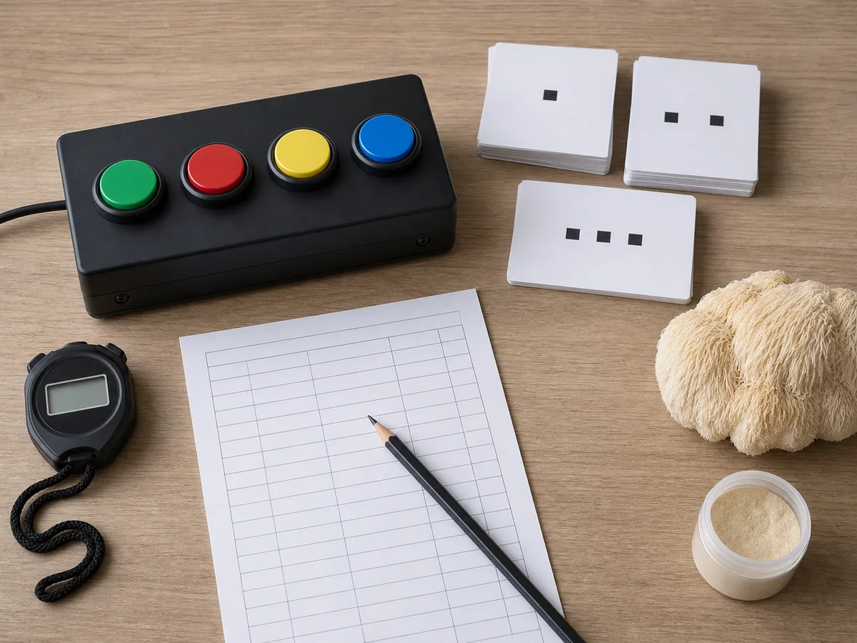 Medication list, symptom timeline, and cognitive screening sheet arranged on a clinician's desk