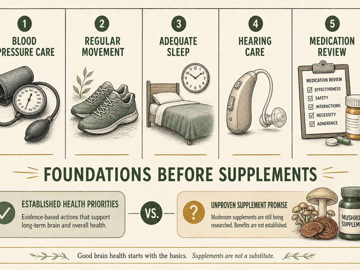 Blood pressure care, movement, sleep, hearing care, and medication review shown as five foundations