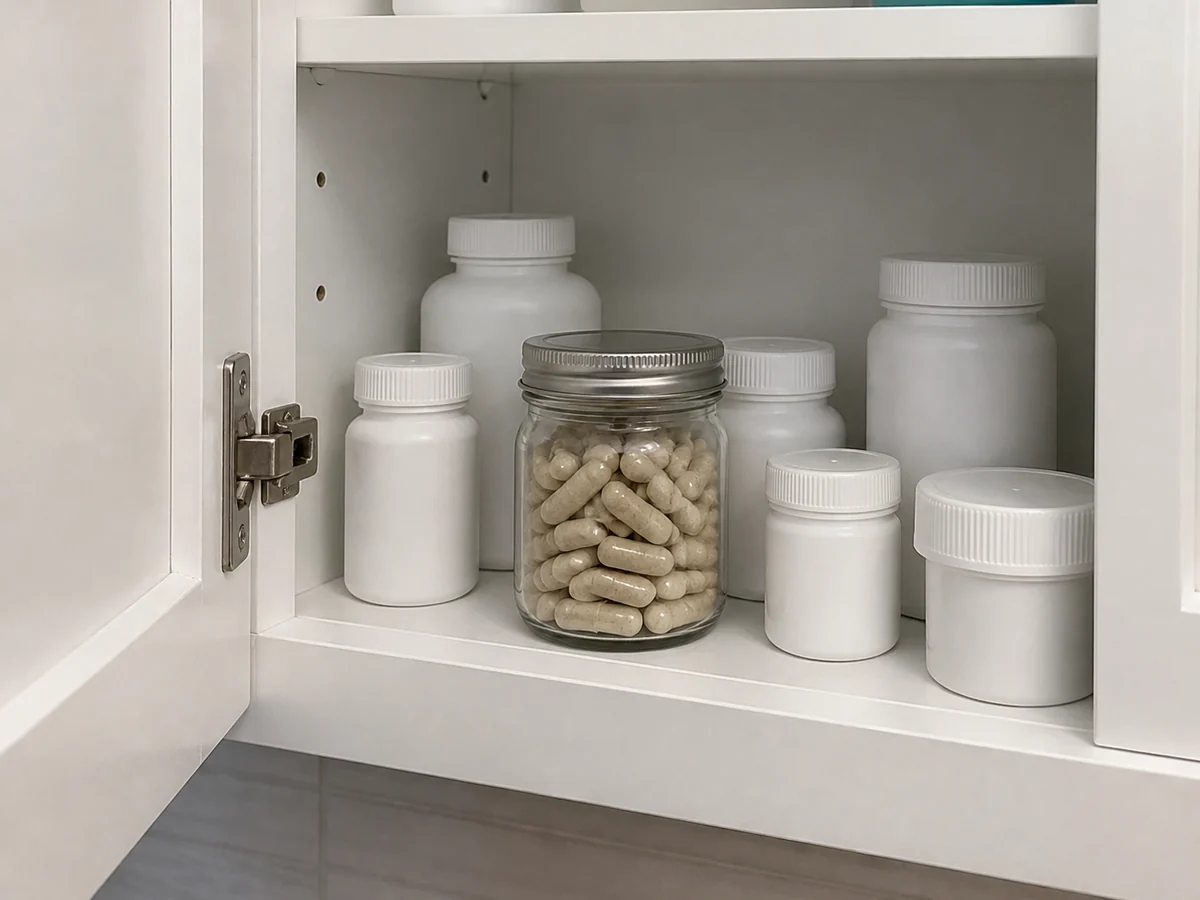 Open bathroom cabinet shelf with a jar of mushroom capsules standing among white prescription bottles