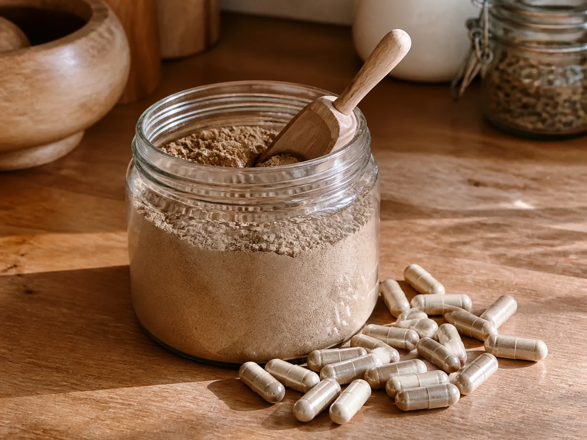 Open jar of light brown mushroom powder with loose capsules spilled beside it on a wooden counter